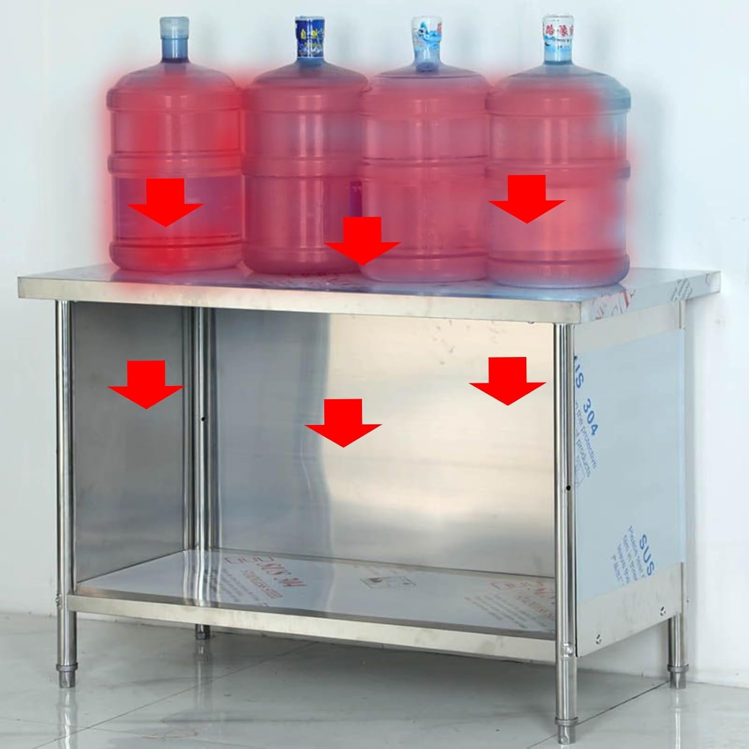 Stainless Steel Double-Layer Workbench 3-Sided Guard Panel Design Adjustable Feet for Wall-Mounting Kitchen Work Table Extra-Large Storage Capacitility Spacious Countertop