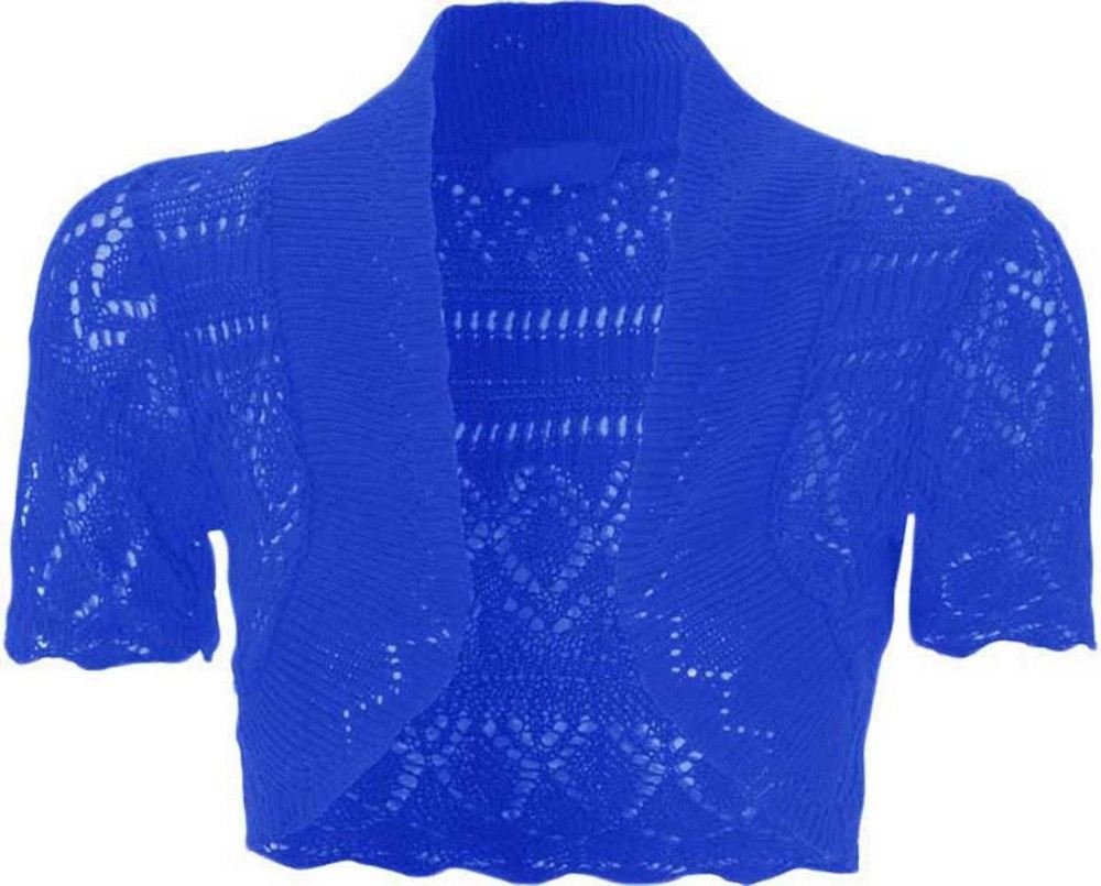 Women's New Crochet Front Open Short Sleeve Knitted Bolero Cropped Cardigan Shrug (UK 12-14) Royal Blue