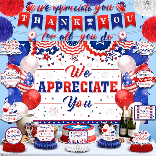 Image of We Appreciate You Party Decorations Red Blue Thank You for All You Do Banner Honeycomb Centerpieces Hanging Swirls Kit Decor for Men Office Employee Pastor Teacher Doctor Appreciation Party Supplies