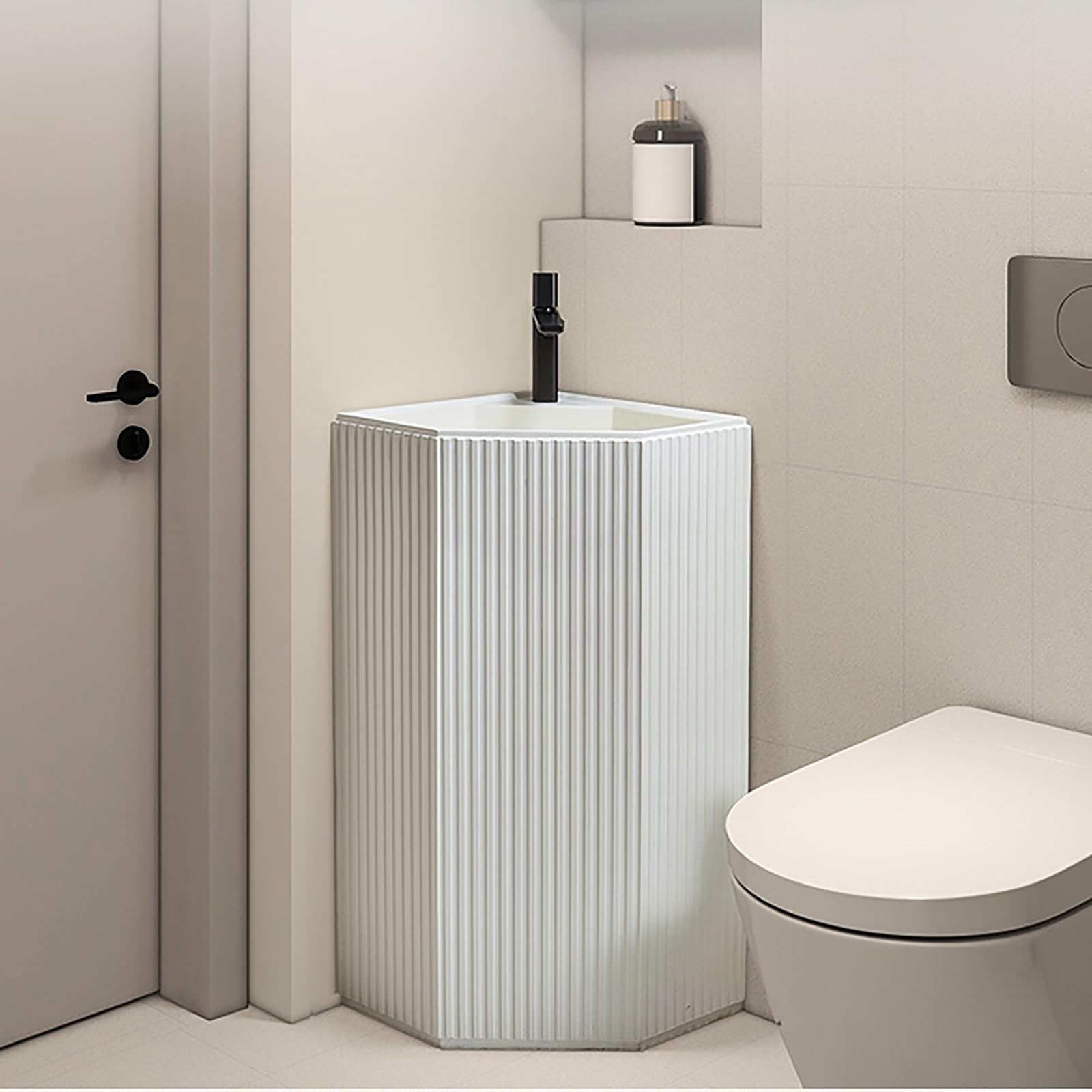 Fregadero triangular con pedestal que ahorra espacio, diseño de una pieza para baños pequeños y tocadores, elegante accesorio de baño compacto y moderno