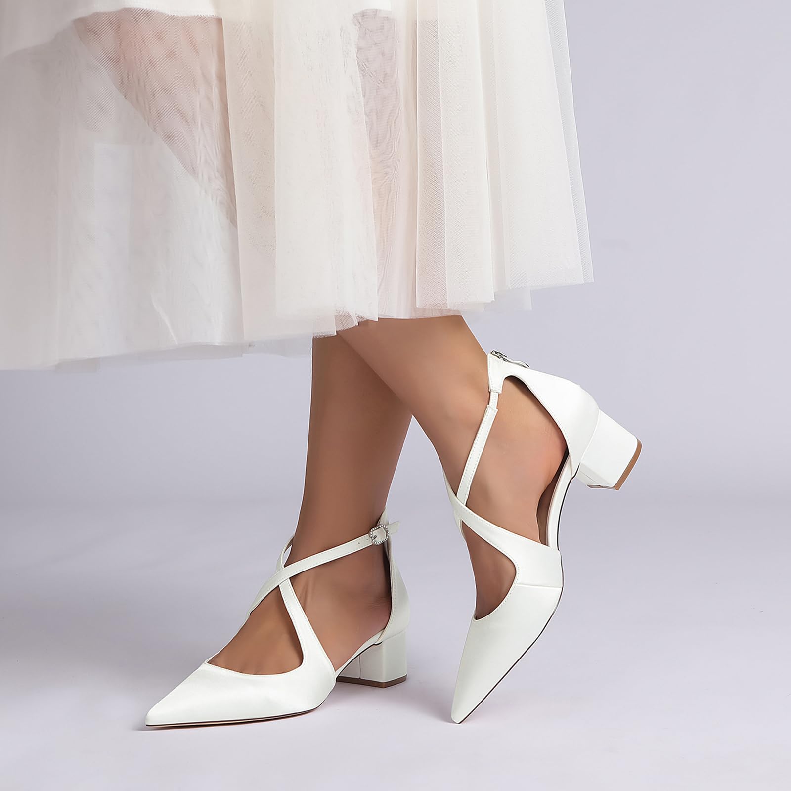 Mujer Tacón Ancho Bajo Satén Zapatos De Boda Punta Cerrada Zapatos De Novia Fiesta Correa Cruzada Zapatos de la Corte