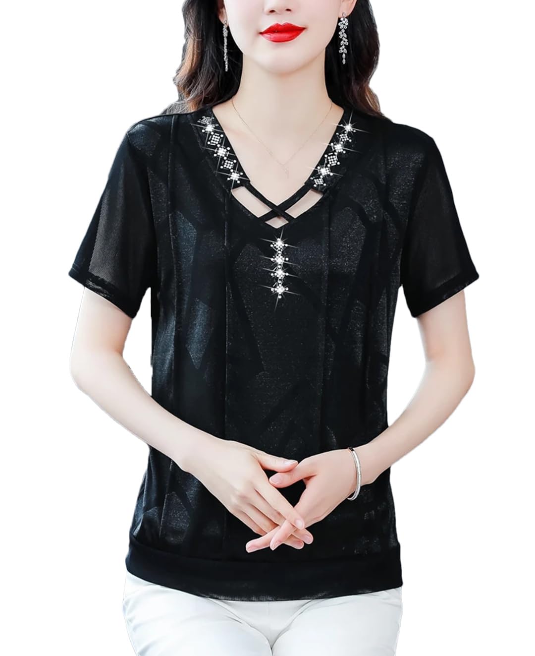Camicia estiva da donna con scollo a V, in chiffon, con pannello allentato