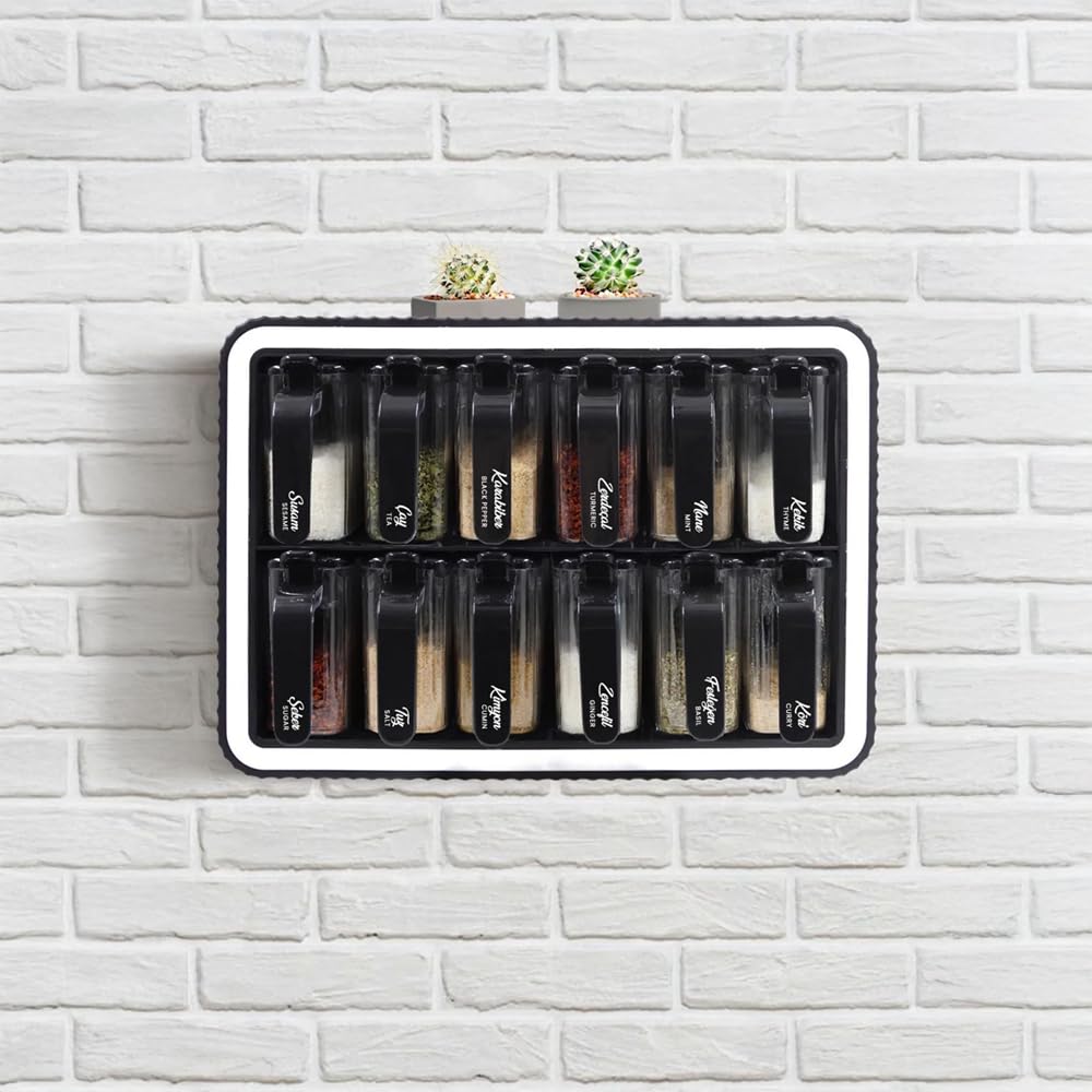 Kulplus Lot de 12 pots à épices avec support, autocollants, avec poignée et cuillère, sans BPA, pour cuisine et plan de travail, 300 ml