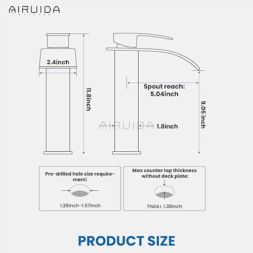 Vista 73 de Airuida Grifo de baño de cascada negro mate, grifo de baño de un solo agujero, grifo mezclador de montaje en cubierta con placa de cubierta, grifo