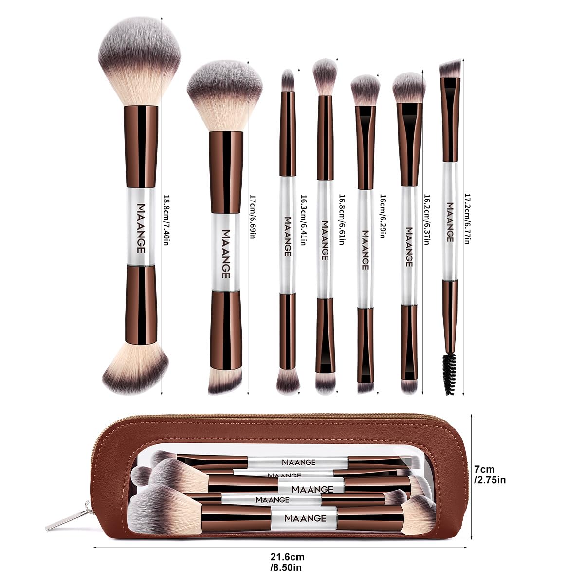 MAANGE Set di 7 pennelli per fondotinta con borsa, pennelli da trucco, pennello per ombretto, correttore, pennello a doppia punta, per fondotinta, contouring, cipria, fard, set professionale di