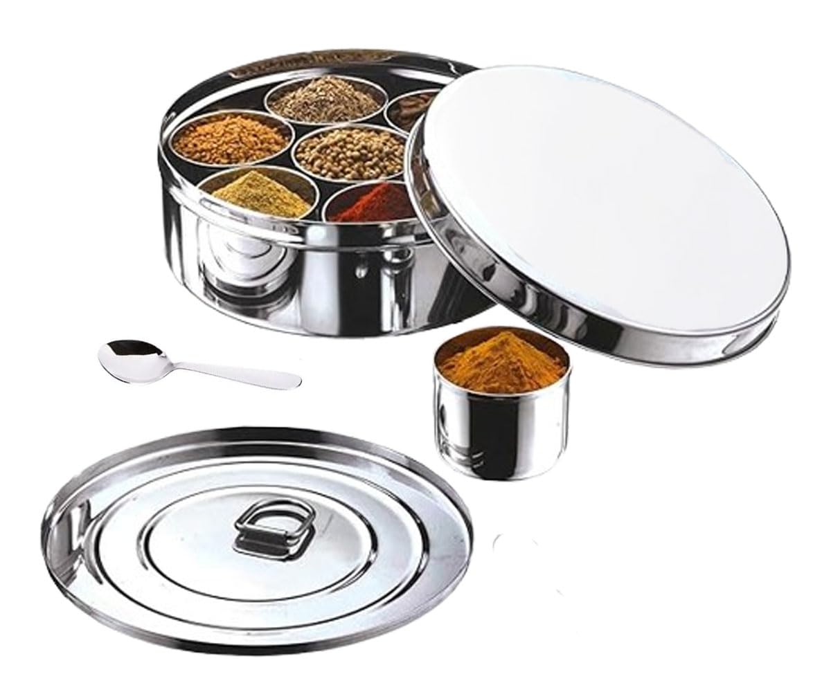 Scatola portaspezie in acciaio inox con doppio coperchio, 7 contenitori per spezie, 1 coperchio interno e 1 cucchiaio, scatola portaspezie per cucina, Masala Dabba - Misura n. 12