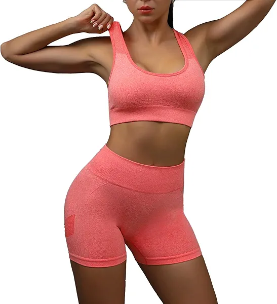 NVOYEGMOY Workout Outfits for Women 2 Piece Ribbed Seamless Crop Tank High Waist Yoga Outfit (M, Watermelon Red)