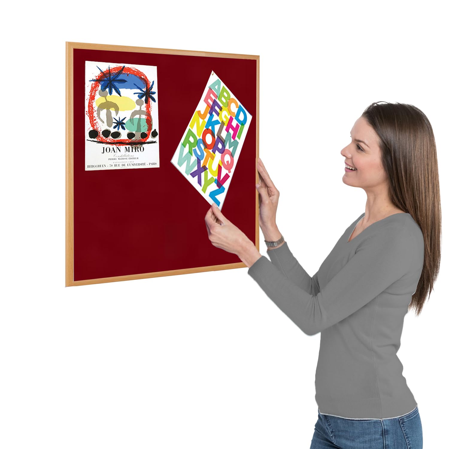 Wonderwall Eco-Friendly Burgundy Loop Nylon Noticeboard | 600 x 600 mm | Light Oak Wood Effect Frame | Bulletin Pin Board โ for Office, School, Home, Reception Areas โ image 1