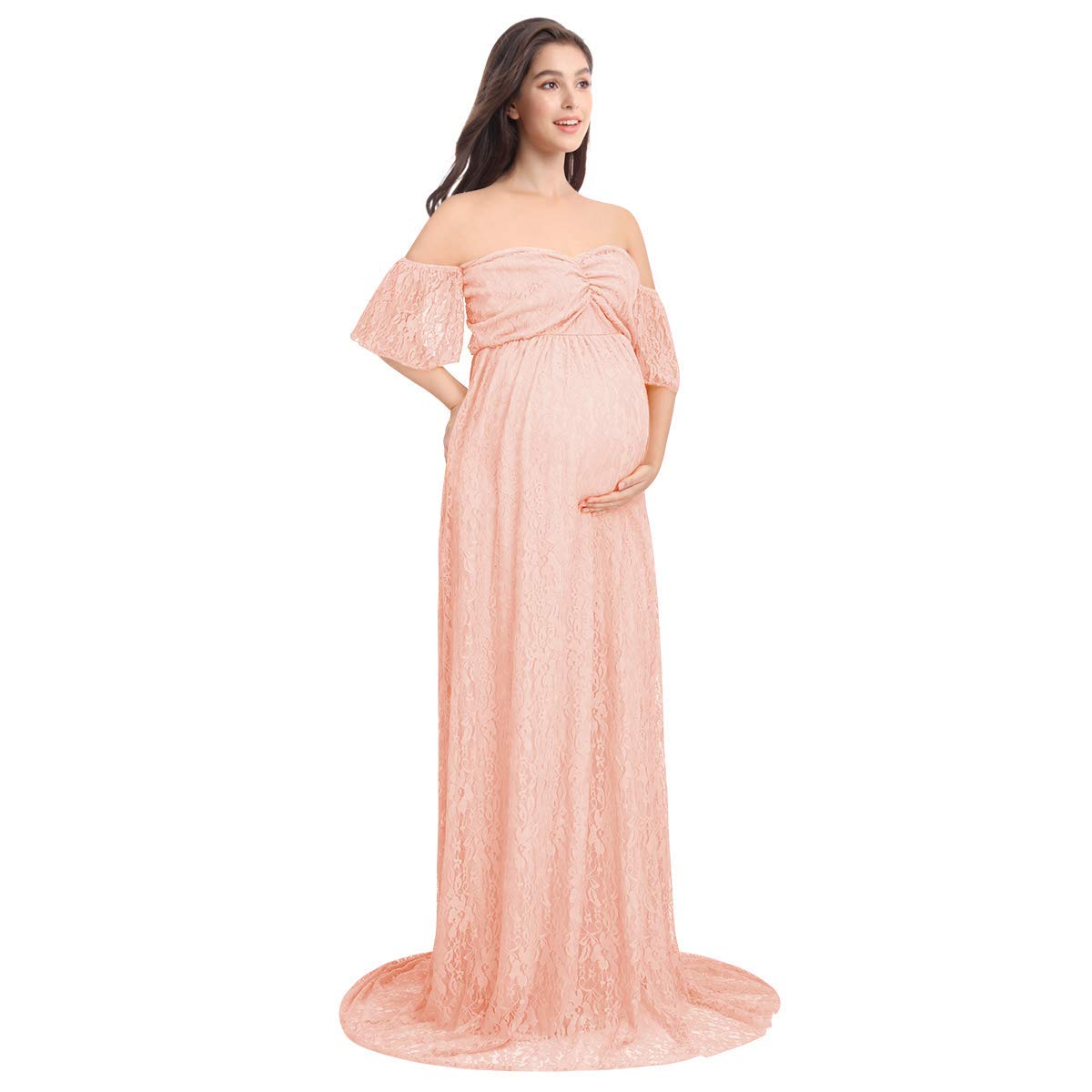 Elegant Photography Maternity Wrap Dress Women Pregnant Dress Floral Lace Off Shoulder Ruffle Sleeve Maxi Trailing Long Dress for Photo Shoot Wedding Evening Party Gown White Pink Beige Blue