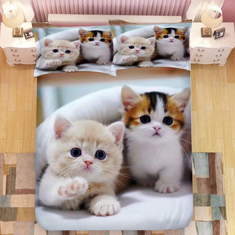 CTQTZ Katzen Bettwäsche-Set für Kinder 135x200cm Niedliche Katze Muster Kinder bettwäsche Bettbezug und Kissenbezug 80x80cm 3D Haustier Katze...