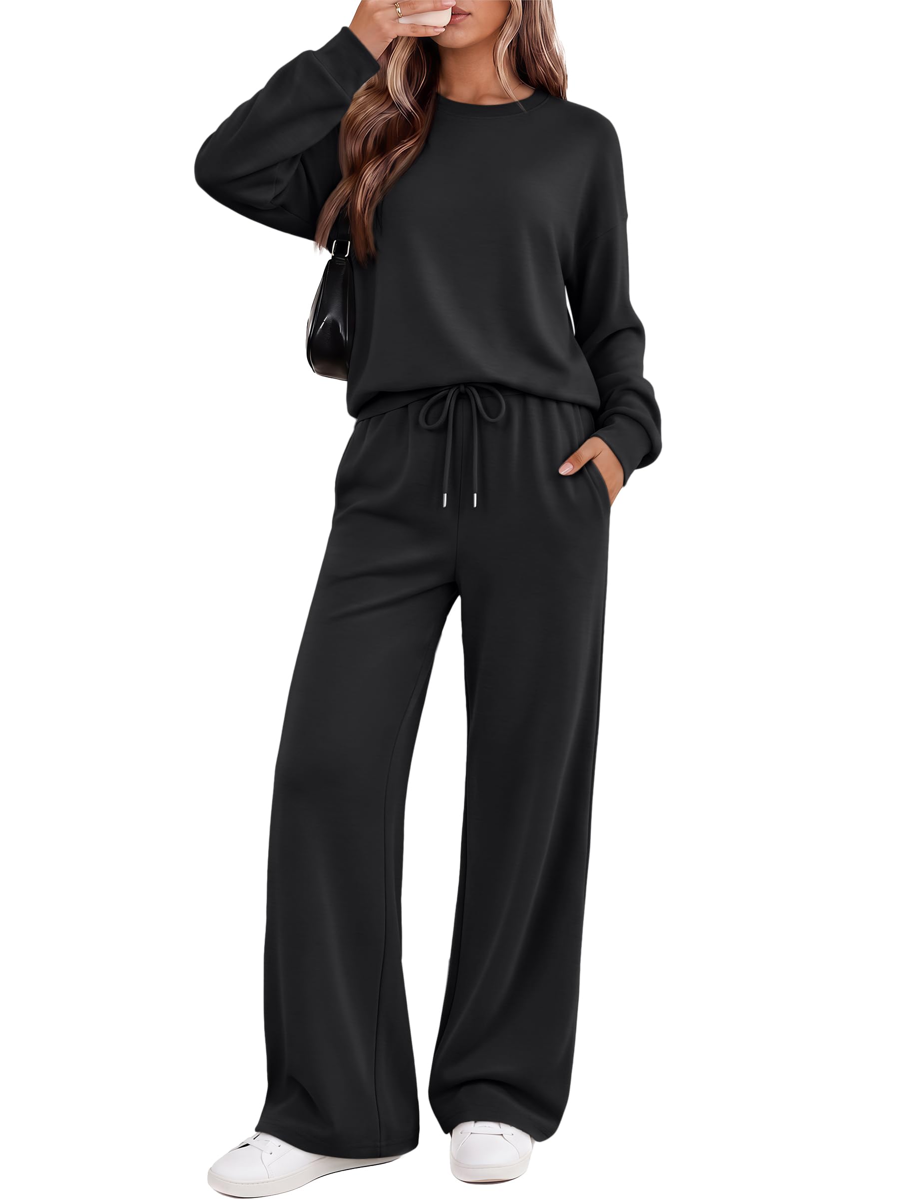 LILLUSORY Womens Sweatsuits 2 Piece Lounge Sets Matching Cozy Fall Outfits Small Black