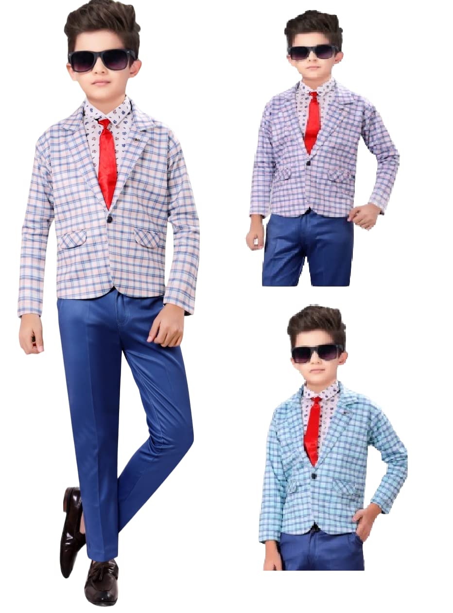 H.G HARMILAP Imported Digital Lycra Fabric with Checkered Design Three Piece set with Tie (Coat, pant and T-shirt) for Boys (Size-20) (Multicolor Pack of 3) (Fit to 2-3 Year)