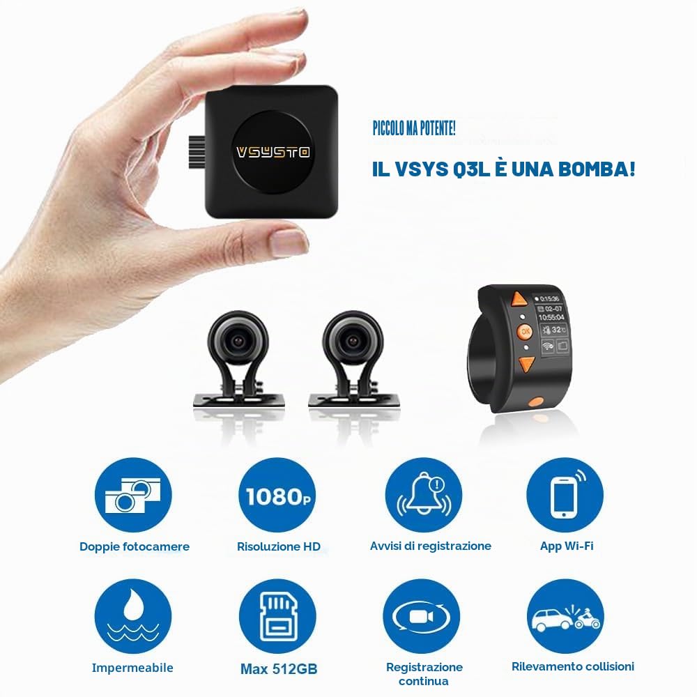 VSYSTO WiFi Dash Camera per moto, controller con display OLED, download video ad alta velocità, telecamera anteriore e posteriore 1080P, avviso in caso di vibrazioni anomale, sensore G (Q3L)