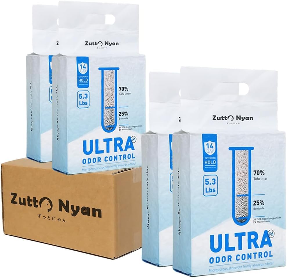 Zutto Nyan Mixed Cat Litter, Tofu Cat Litter 4 in 1 with Bentonite Clay, Ultra Odor Control & Fast Clumping, Flushable, Low Tracking, 99.9% Dust Free, Natural Ingredients(5.3lbx4Bag)