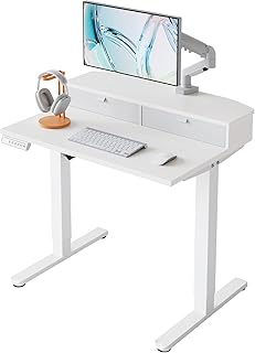 HUANUO 80 x 53 cm Small Electric Standing Desk with Drawers, C-Clamp Mount Compatible, Height Adjustable Sit Stand Desk, Home Office Stand Up Desk with 4 Memory Height Settings, White