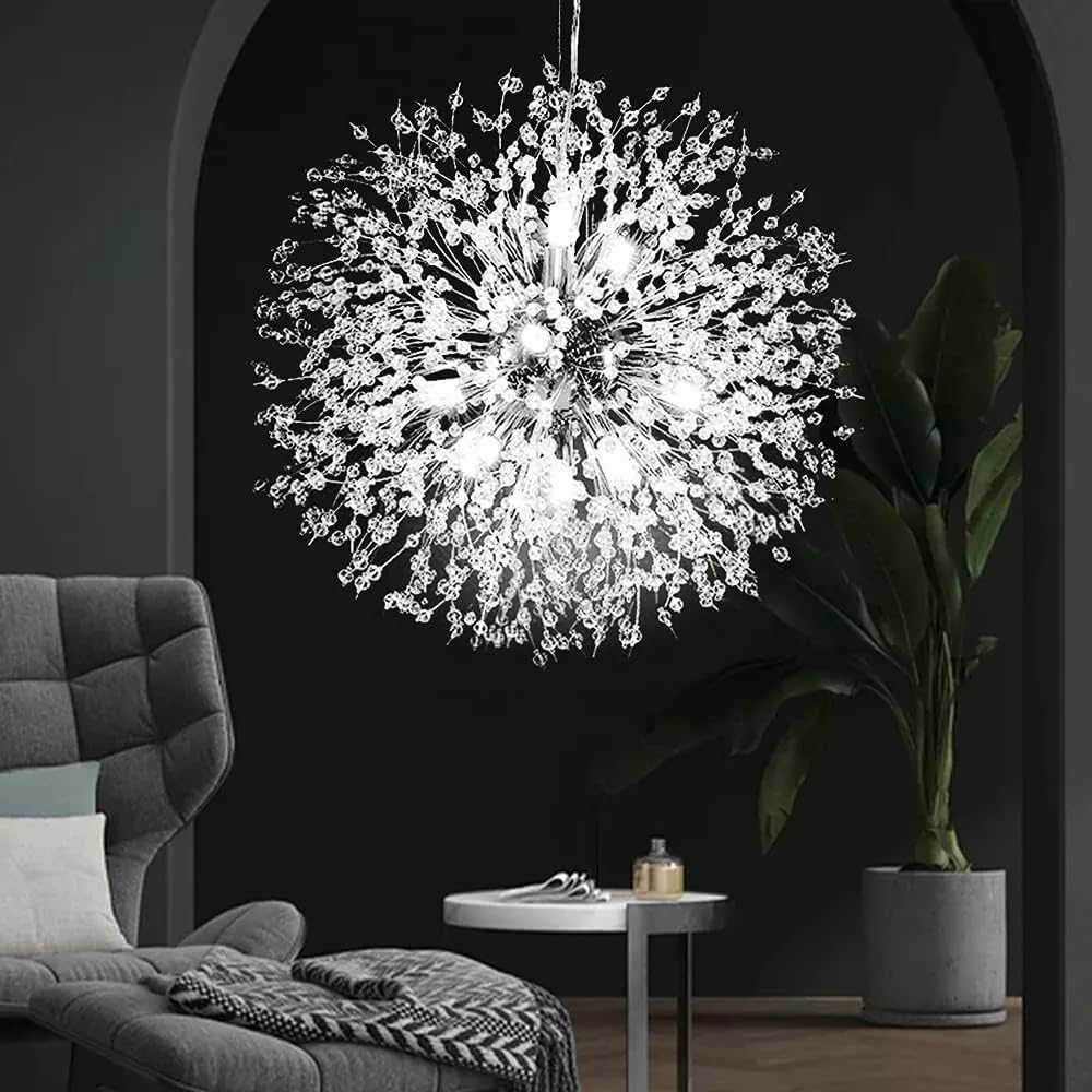 KXEcoLife Modern Dandelion Chandeliers, Crystal Fireworks Sputnik Ceiling Light Fixture,12-Light Pendant Lighting for Dining Room Bedroom Bathroom Kitchen Foyer Girls Room,Chrome