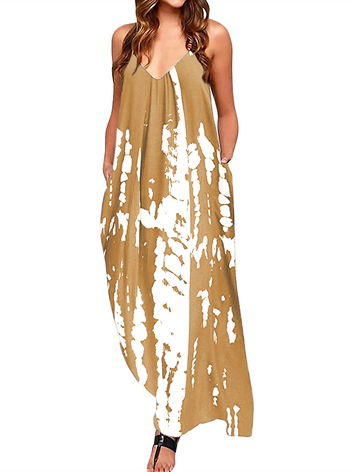 Womens Polka Dot Maxi Dress Casual Summer Floral Print Long Boho Beach Sundress Plus Size 01 Tie Dye Khaki US 8