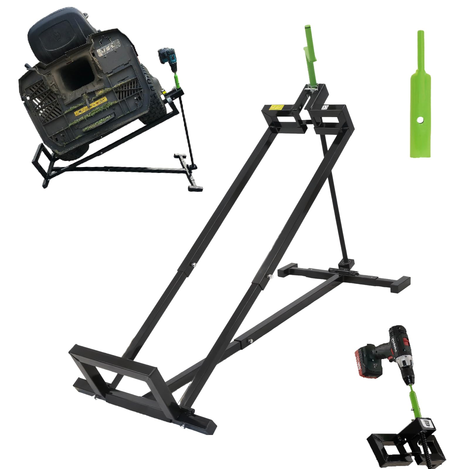 TRUTZHOLM Rasentraktorheber Heber für Rasentraktoren, Aufsitzmäher, 400 kg, Handkurbel und Adapter für Akkuschrauber Betrieb, stufenlos verstellbar, Neigung verstellbar platzsparend verstauen