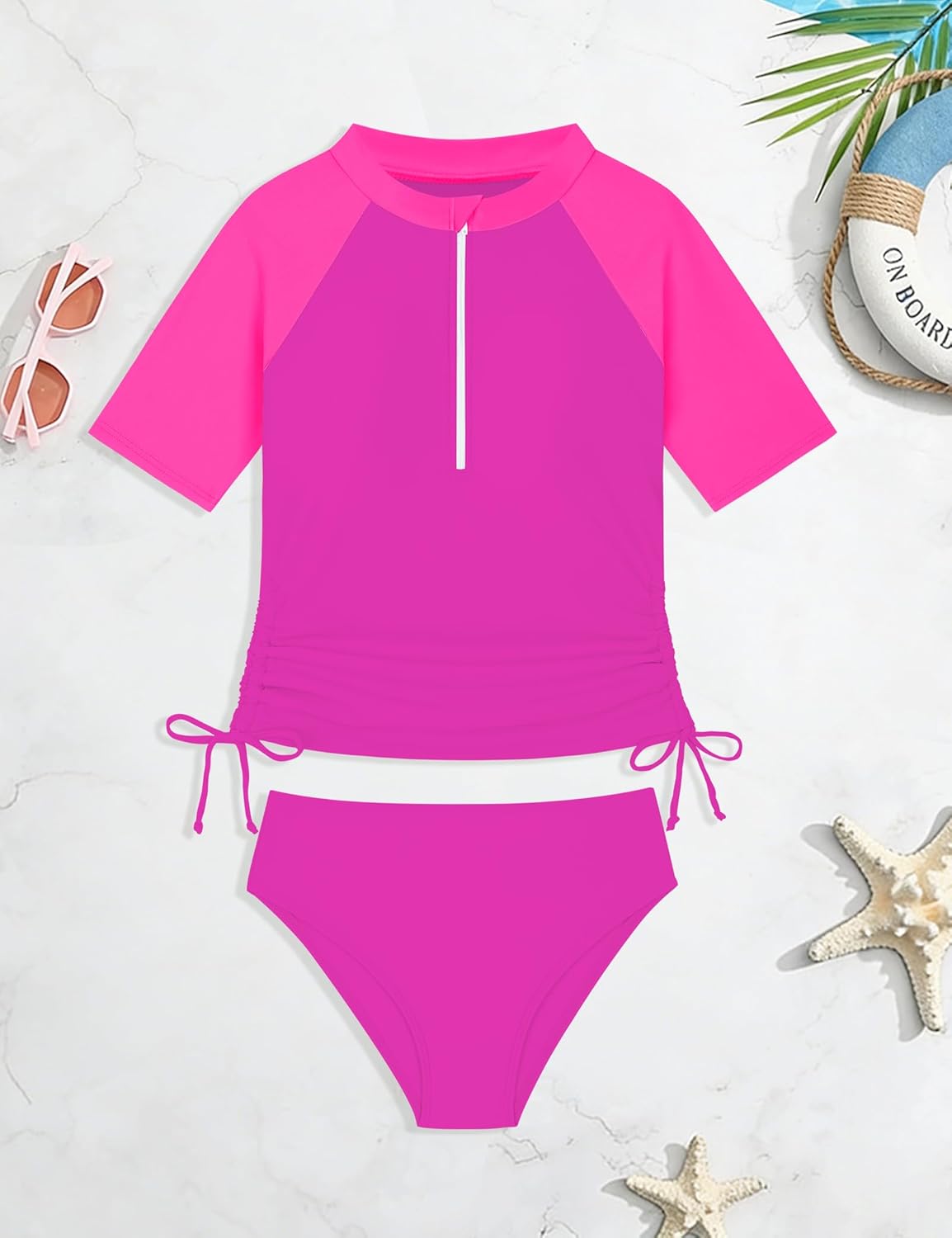 Girls Swimsuit 2PCS Color Block Short Sleeve Shirt with Bottoms Rash Guard Girls Bathing Suits Size 9-16Y - Image 7