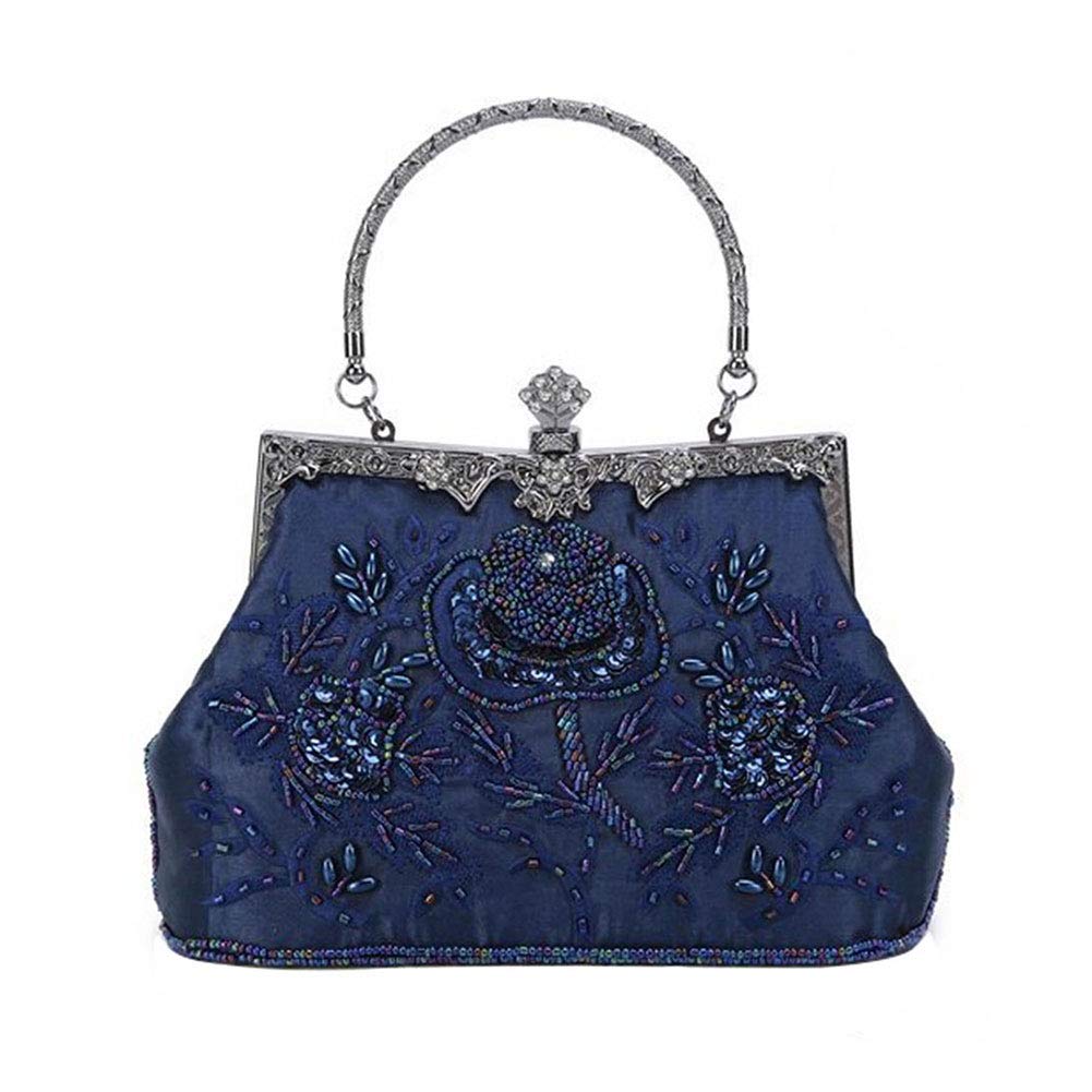 BAGLAMORWomen's Vintage Style Roses Beaded Sequined Evening Bag Wedding Party Clutch Purse (Blue), Blue, Large