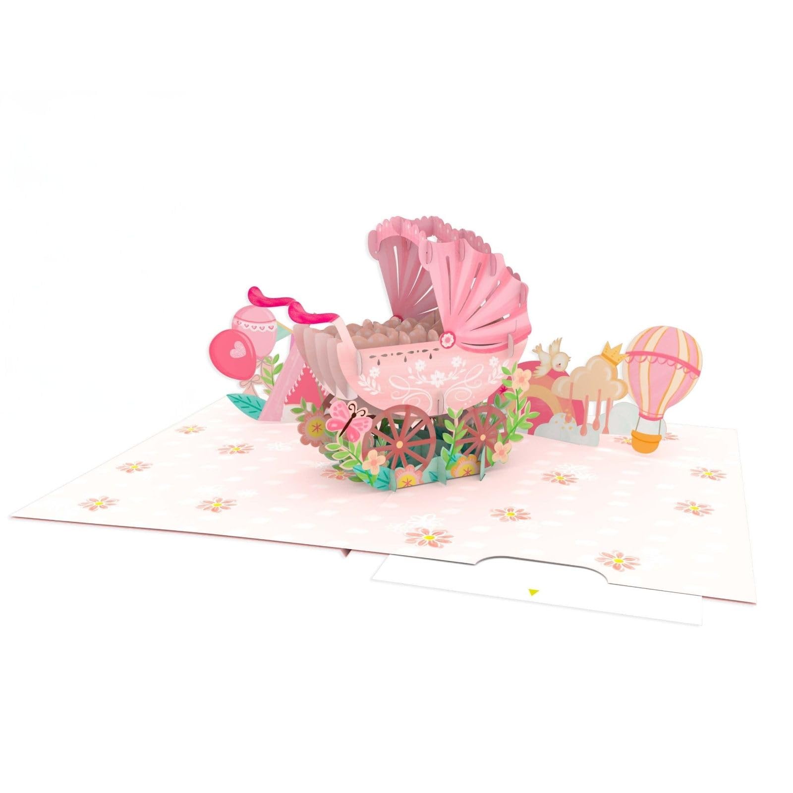 Origamo Pop-Up Greeting Card New Baby Girl Pink Pram Handmade Fold-Out 3D Cards - Pop-Up Cards Unique Design, Eco-Friendly, Keepsake Gift, Heartfelt Message, Baby Shower