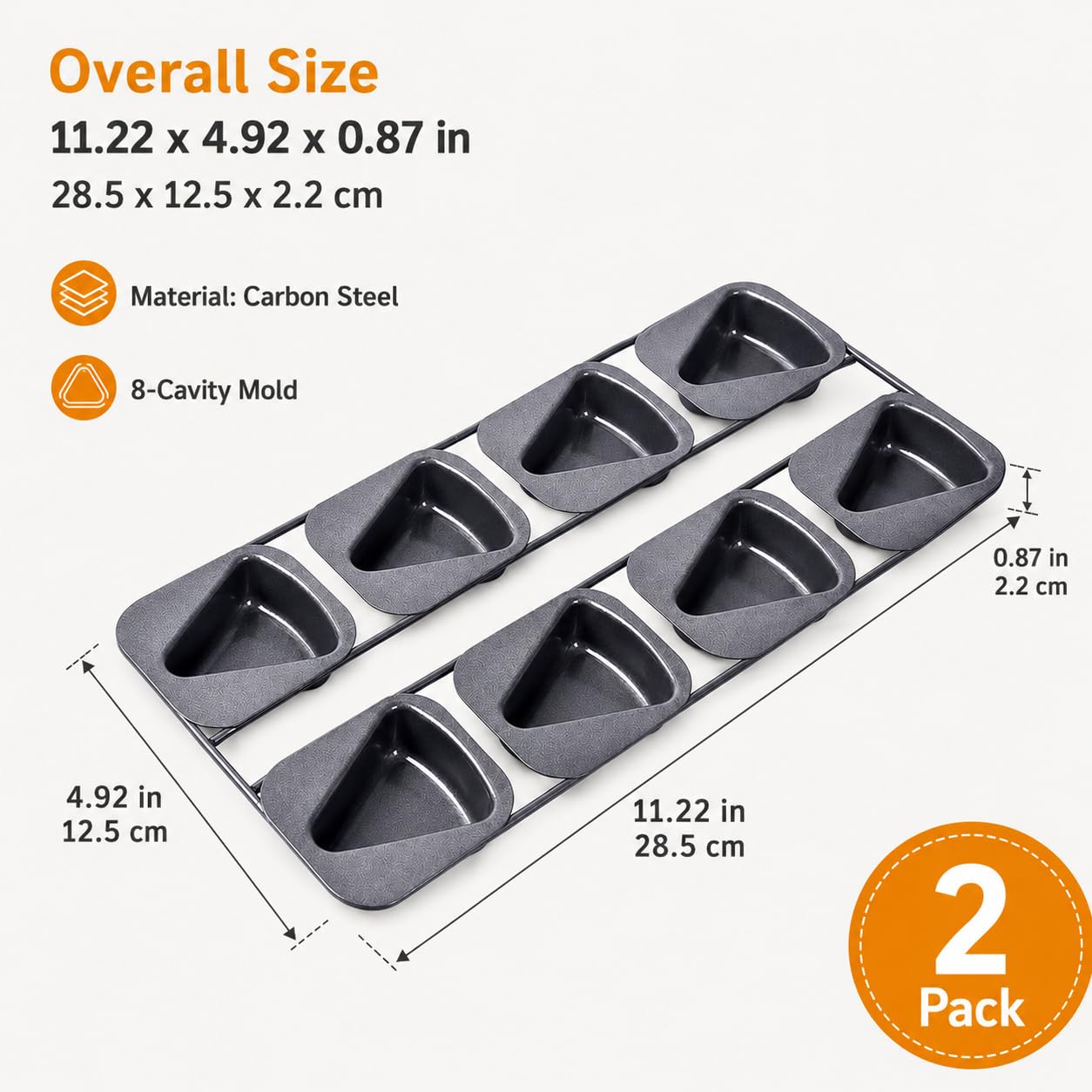 Paquete De 2 Moldes Para Hornear Pasteles Triangulares De 8 Cavidades | Dos sartenes de acero al carbono con Ocho cavidades triangulares conectadas cada una para mini pasteles