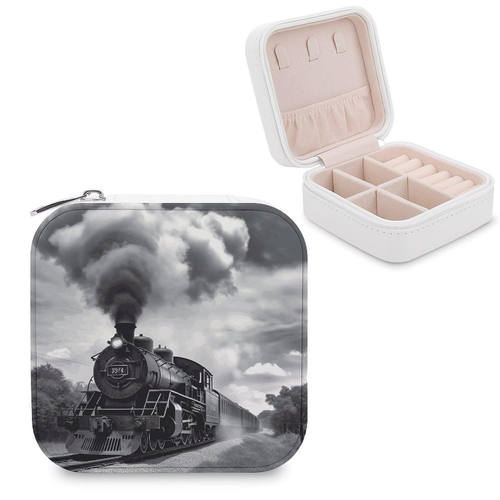FekiLoot Steam Train Clouds Jewelry Box Custom Jewelry Travel Case Pu Leather Trinket Organizer Box to Organize Ring Pendant Earring Small Portable Jewelry Storage Holder for Women