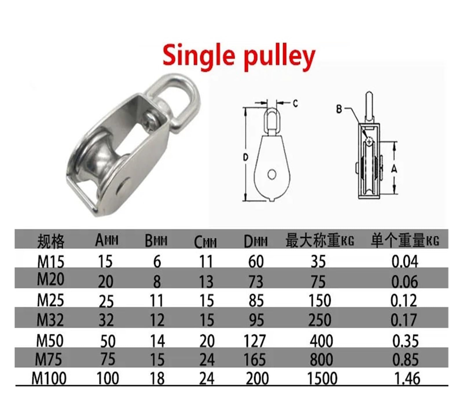 1 PCS Stainless Steel M20 Pulley Steel Wire Pulley Single Wheel Swivel Lifting Rope Pulley Block for Wire Rope Skating