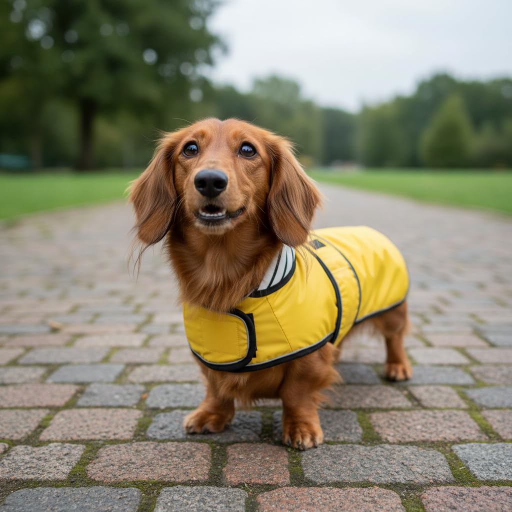 MOREZI Impermeable Elegante para Perros. Impermeable y Resistente a la Lluvia. con Bandas Reflectantes y Correas Ajustables. Adecuado para Perros salchichetes-Amarillo-S