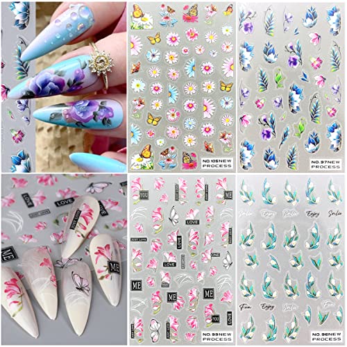 Flower Nail Art Stickers 5D Nail Stickers Fresh Spring Simple Flowers Leaf Nail Decals Nail Art Supplies Magnolia Daisy Pattern Elegant Sticker Manicure Decal Nail Art Decorations For Women 4 Sheets #TOP6