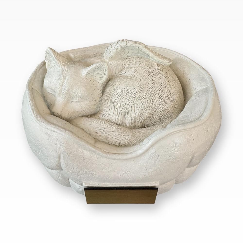 Monello Katzenurne Schlafende Katze, Tierurne mit Engelsflügeln, 1L Füllvolumen, für Katzen bis 15 kg, mit Gravur auf Wunsch (Creme)
