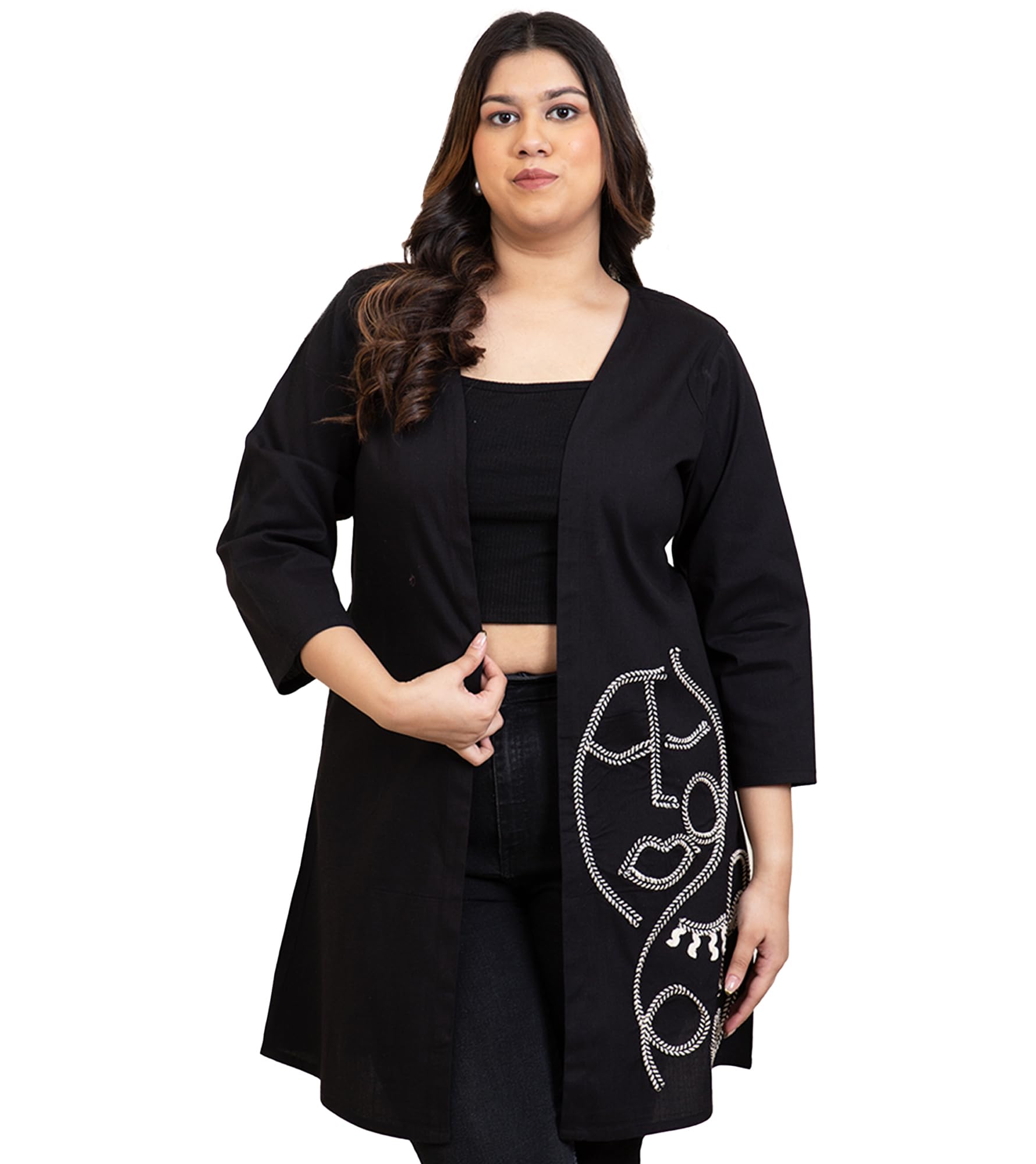 Solid Viscose Lycra with Artistic Embroidered Design Plus Size Shrug for Women's|3/4 Straight Sleeves Open Front Ladies Shrug|Relax Fit Knee Length Western Casual Wear Stylish Jacket-image-10