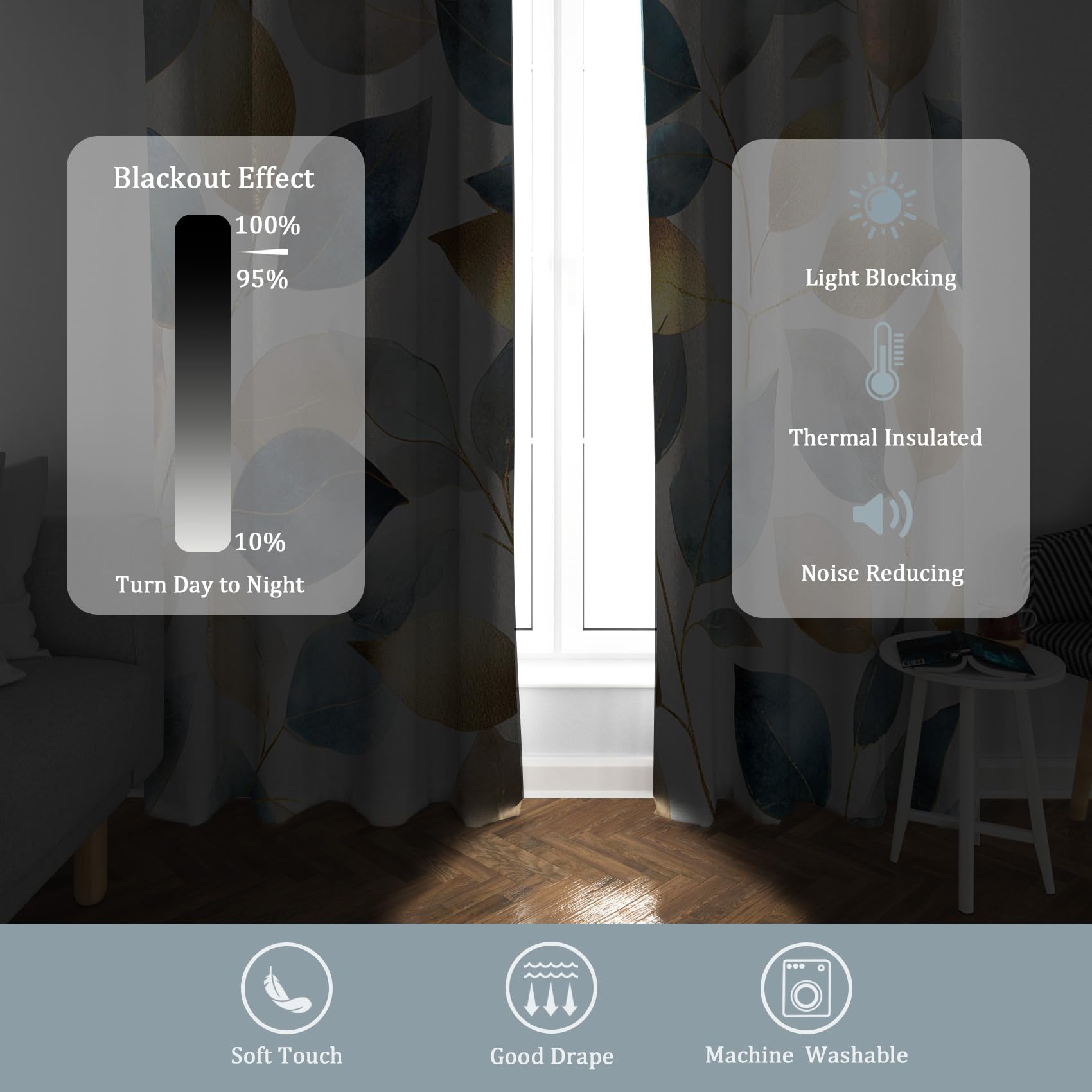 Generisch Blickdichte Vorhänge Blau Goldenes Blatt Muster, H 245 x B 140 2er Set - Moderne ästhetische Blätter Fenster Gardinen mit Ösen, 245 cm Lang Curtains Wohnzimmer Schlafzimmer Deko CG74