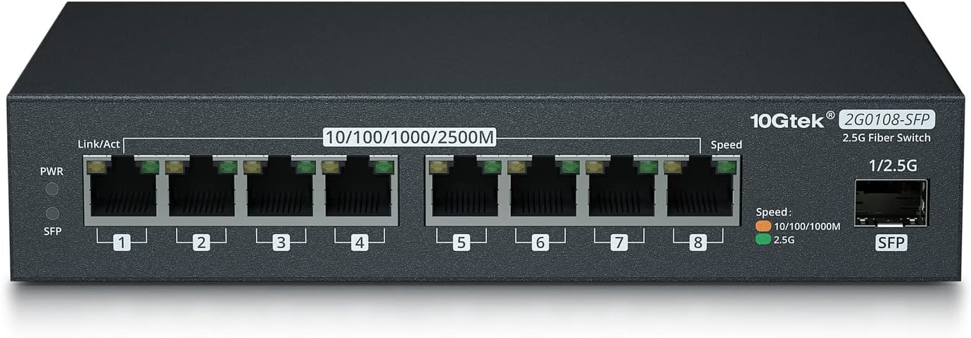 10Gtek 8-Port 2.5G Multi-Gigabit Ethernet Network Switch, 8 x 2.5GBASE-T, 1 x 1/2.5G SFP Fiber, Plug & Play, Metal Case