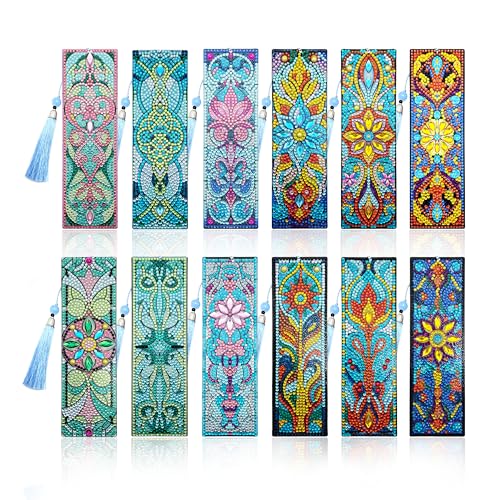 12 Pcs DIY Diamond Art Bookmarks for Adults Women Beginners Acrylic Dotz Diamond Art Bookmarks Kit...