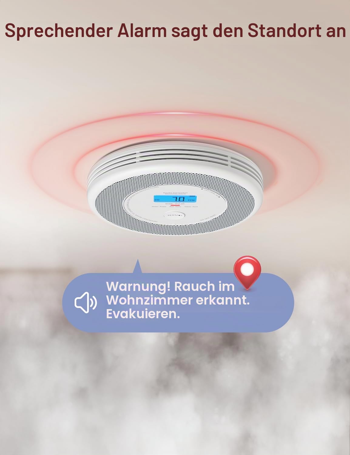 X-Sense Wi-Fi-Kombinations-Rauch- und Kohlenmonoxid-Alarm für Zuhause mit englischen Sprachalarmen, kabelloser vernetzter Sprachalarm, benötigt SBS50-Basisstation, XP0A-MR, 1er-Pack