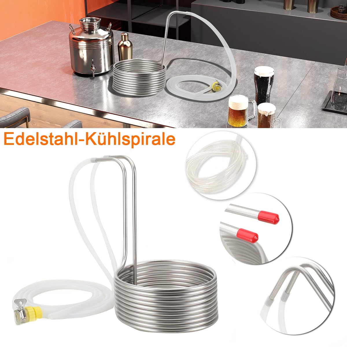 Kühlspirale Eintauchkühler Kühlschlange Maischekühler Kühlspirale Ø 23cm Bier Kühler Kühlrohr Brauerei Bier Kühlschlange Würzekühler Rohr mit 2 * 2m Silikonschläuche, Verbindungsstücke