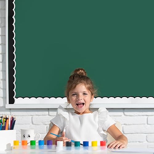 Miniatura 7 de Whaline Bordes de tablón de anuncios de 65.6 pies, 2 rollos de calcomanías de borde festoneado blanco y negro autoadhesivo de línea ondulada para