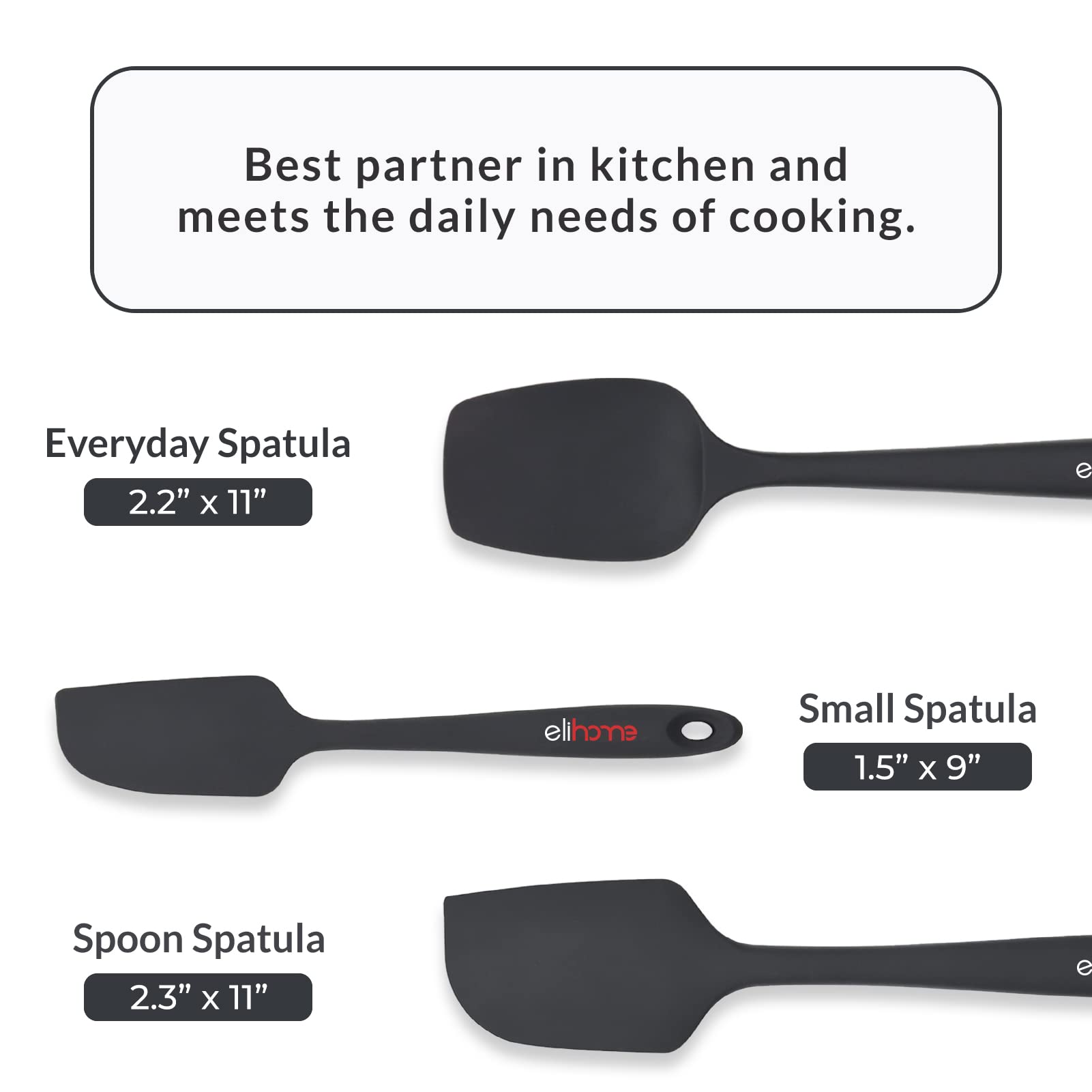 Elihome Chef Series - Juego de espátulas de silicona de 3 piezas, resistentes al calor, antiadherentes, espátulas para cocinar, hornear, mezclar, sin BPA y silicona certificada LFGB (negro)