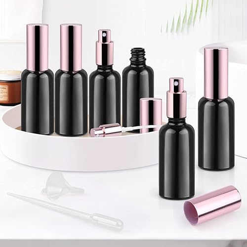 Miniatura 5 de Paquete de 6 botellas de vidrio negro de 1.7 fl oz1.7 onzas, botella vacía de niebla fina, atomizador de perfume recargable con rociador de oro rosa