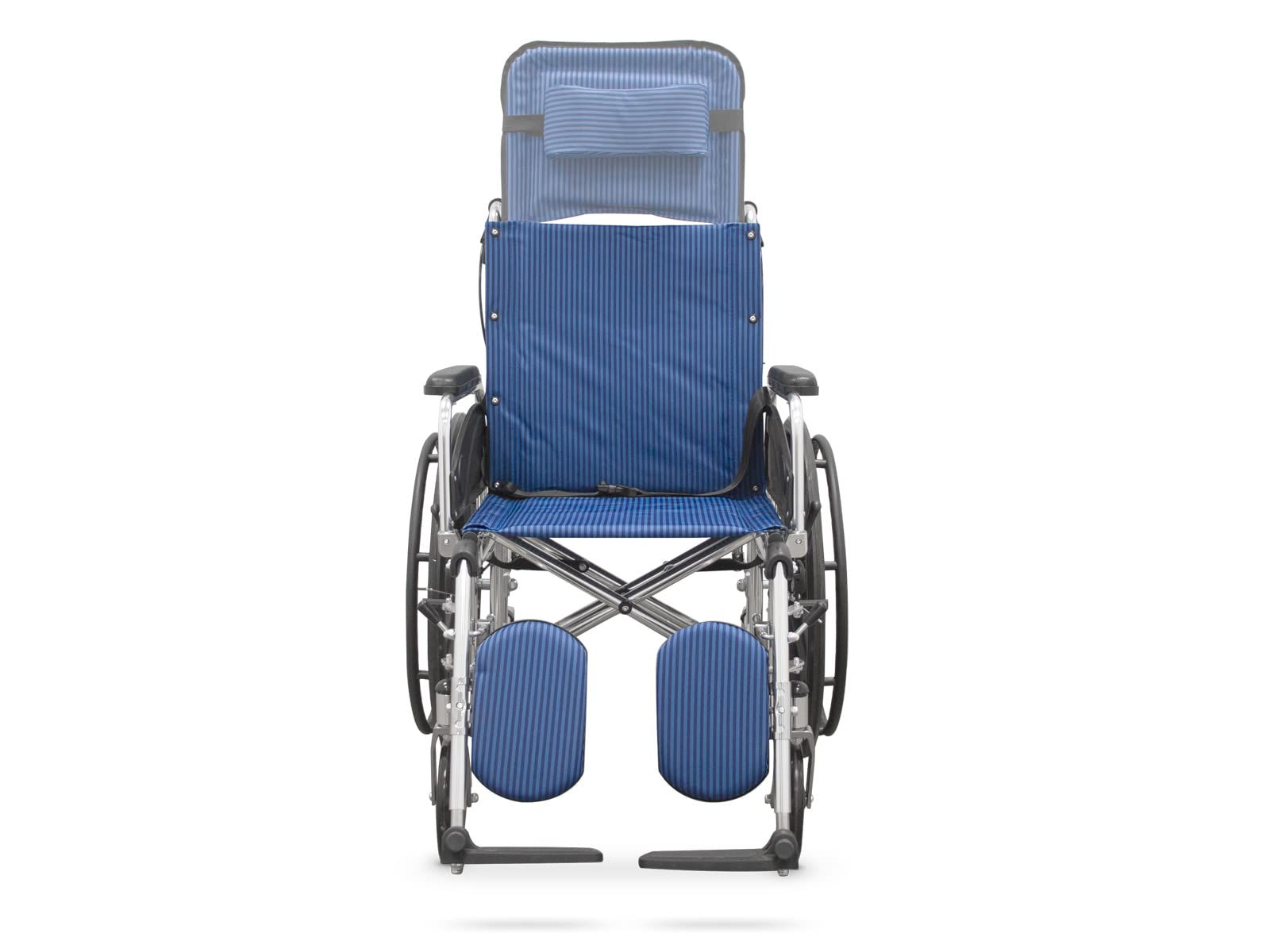 QUIRUMED Silla de ruedas de aluminio con reposacabezas y reposapiés elevable, Plegable, Ligera, Para minusválidos, Para personas mayores, Color azul, Cabezal extraíble, Antivuelco
