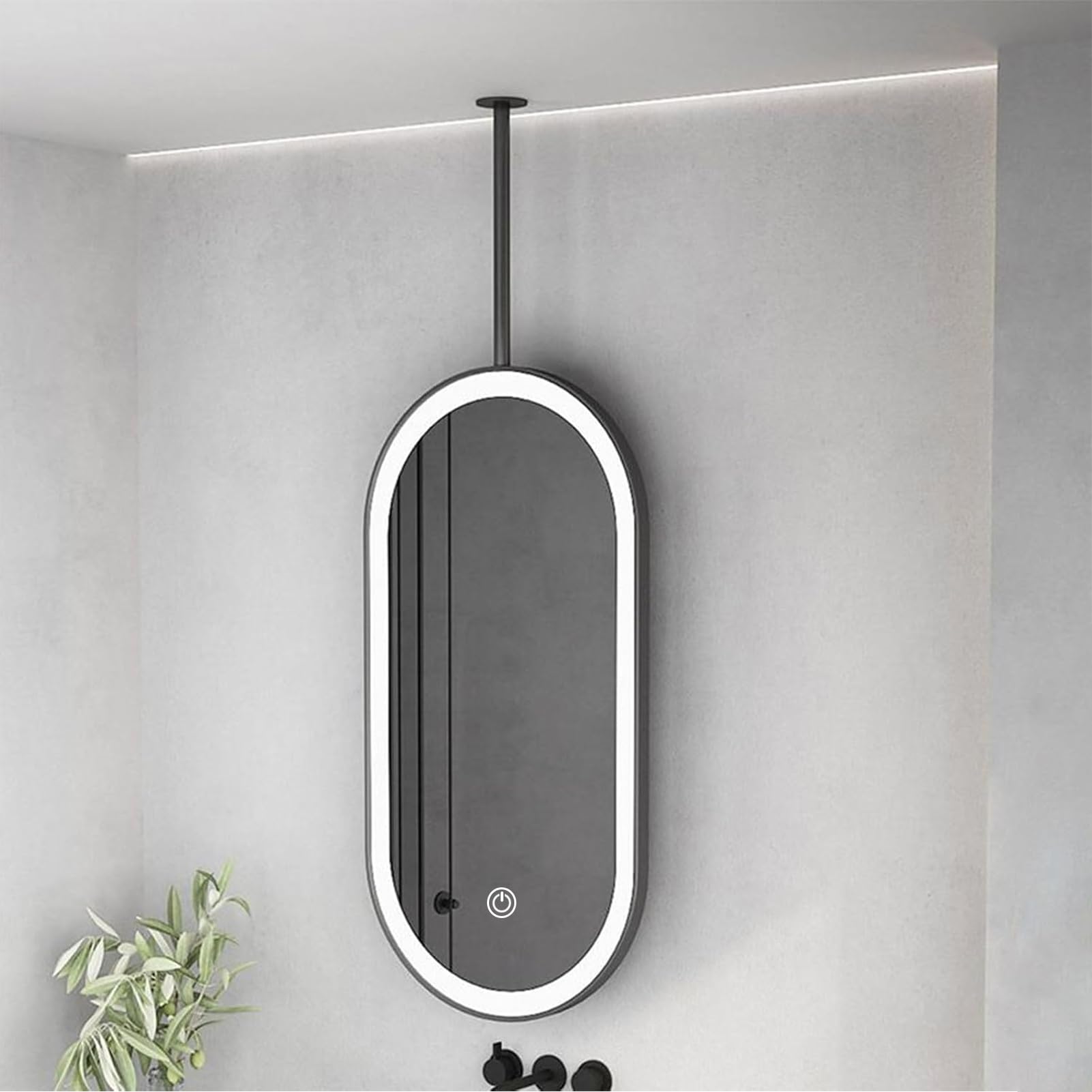 MESOVFCA LED Pendant Mirror Oval Ceiling Mirrors Mounted for Bathroom Hotel Resort Toilet Black Metal Frame Suspension Rod HD Mirror(40cmx70cm)