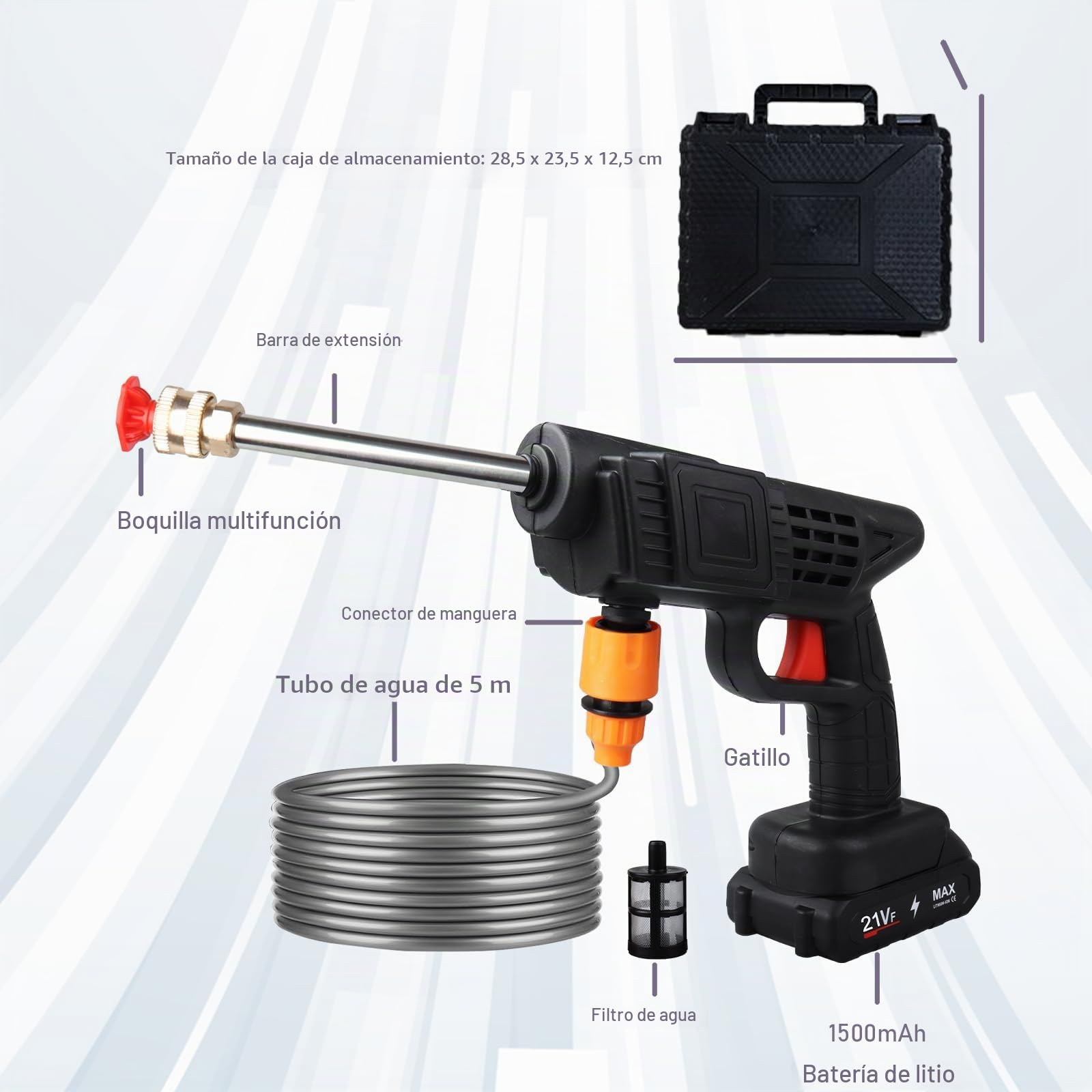 Lavadora Alta Presión Portatil, 21V Hidrolimpiadora Portatil, Pistola de Agua Alta Presión con 2 Baterías Recargable, Lavadora a Presión Inalámbrica para Limpieza de Jardín/Piso/Coche