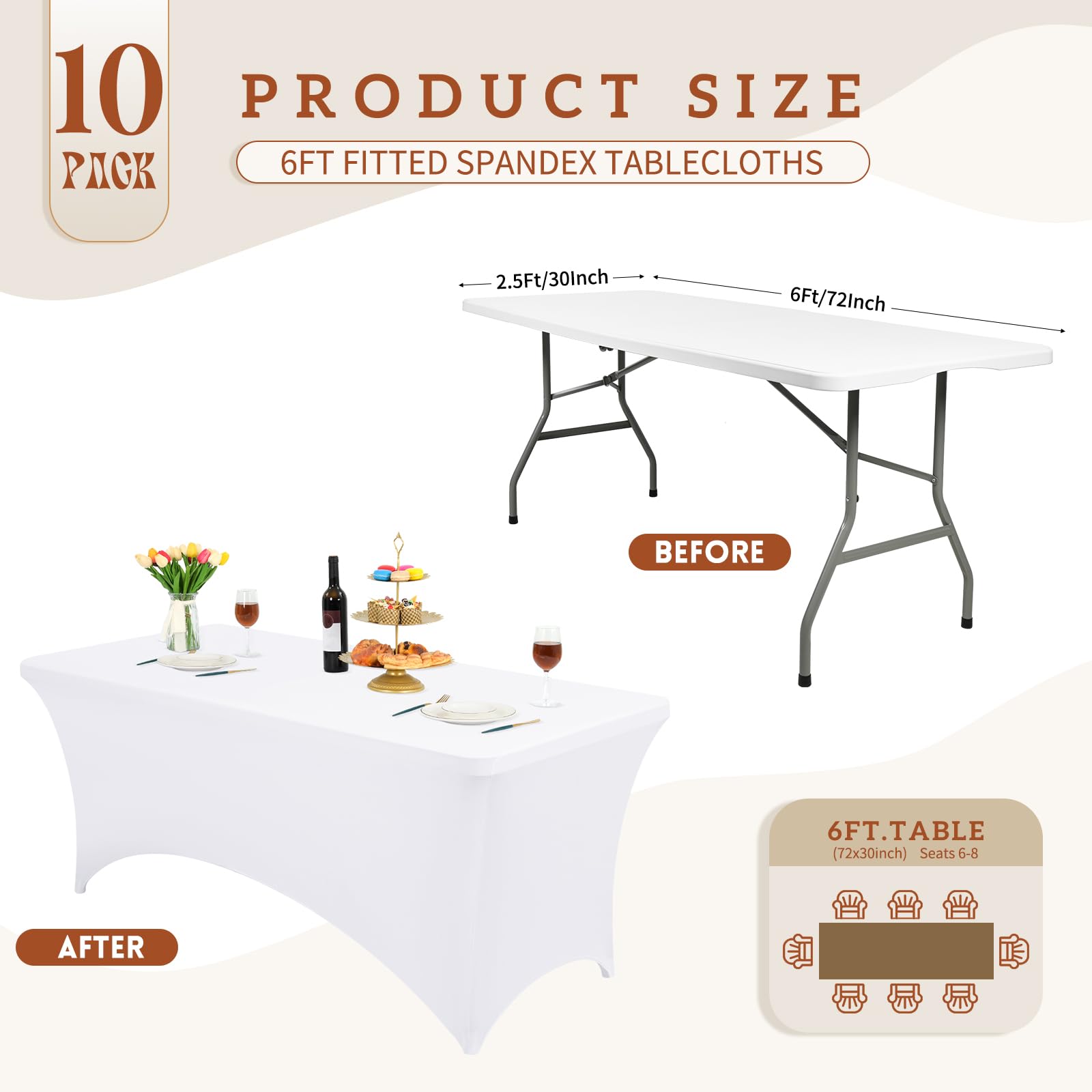 fani 10 Pack Fitted Spandex Tablecloths, 6ft Spandex Table Cover for Rectangular Folding Table, Wrinkle Resistant Table Clothes Washable Stretch Patio Table Cover for Banquet, Wedding, Parties(White)