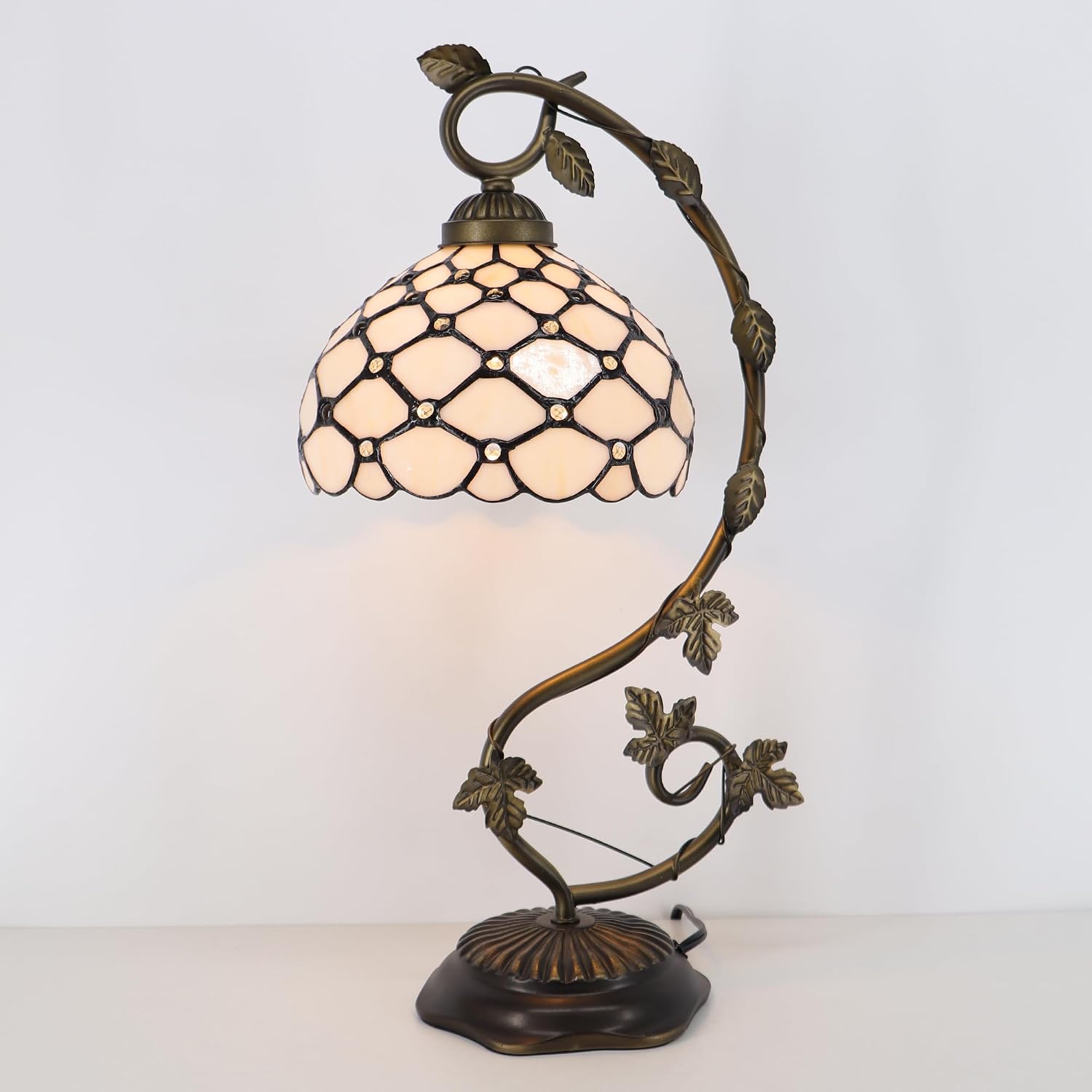 Tiffany Table Lamp, Stained Glass Desk Reading Light,Metal Leaf Table Lamp Base 8X10X21 Inches (Cream Bead)