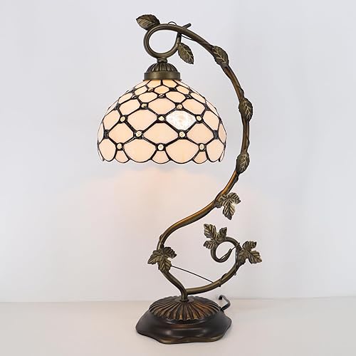 Miniatura 5 de Tiffany - Lámpara de mesa, luz de lectura de escritorio de vidrieras, base de lámpara de mesa de hojas de metal, 8 x 10 x 21 pulgadas (cuentas crema)