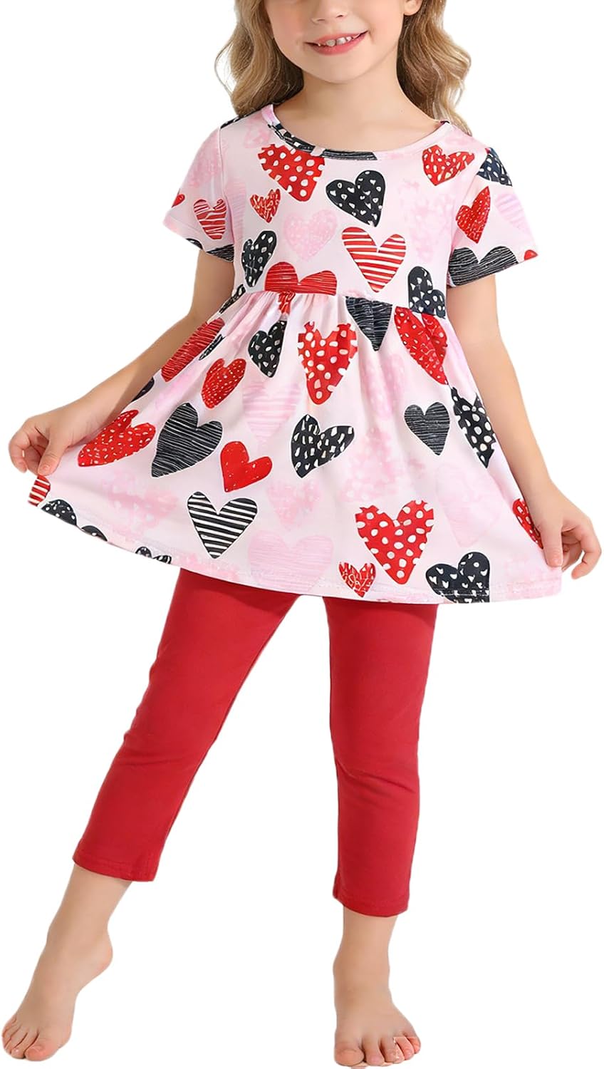Toddler Girls Pants Set Love Hearts Outfits Set Ruffle Dress and Pants Outfit Set 3-8Years