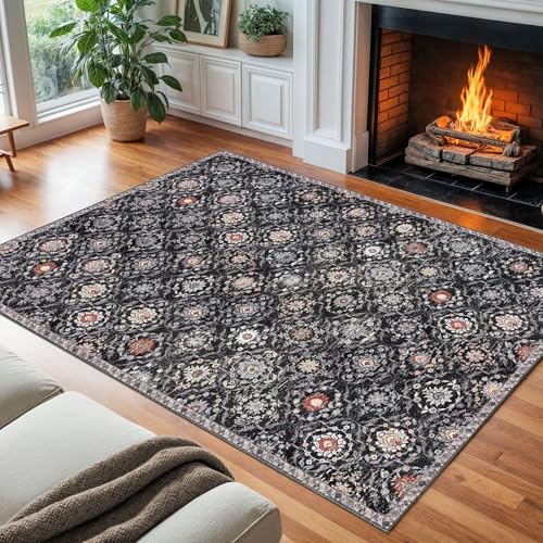 KILOCOCO 8x10 Area Rug, Moroccan Super Soft Washable Living Room Vintage Floral Rug, Non-Slip Large Print Faux Wool Throw Indoor Rug for Playroom Bedroom Office Carpet, Charcoal/Multi