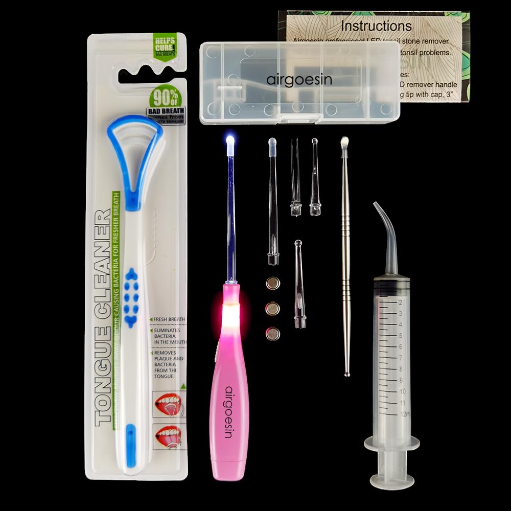 Airgoesin Professional Tonsil Stone Remover Tool LED Light | Stainless Steel Tonsillolith Pick Oral Care | Irrigation Syringe | Tongue Cleaner Scraper (Pink)-image-5