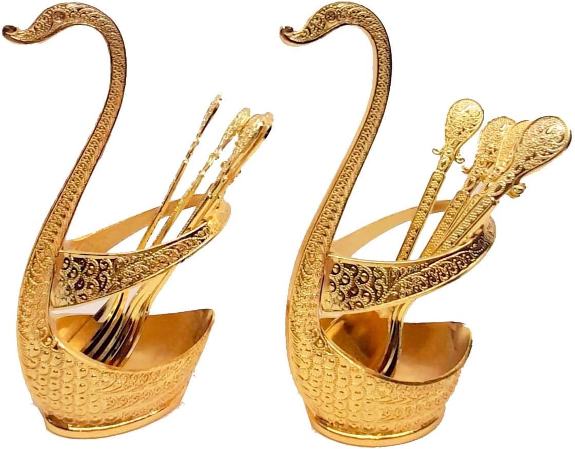 German Gold Plated 2 PC S Swan Duck With 12 Pcs Tea Spoon Set For Home And Kitchen Decorative Swan Base Holder Spoons for Coffee, Fruit,Dessert,Stirring, Mixing Sugar, By ORNATE INTERNATIONAL.